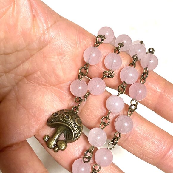 Natural Pink Rose Quartz Necklace, Bronze Round Mushroom+Genuine Gemstone Choker - Picture 14 of 14
